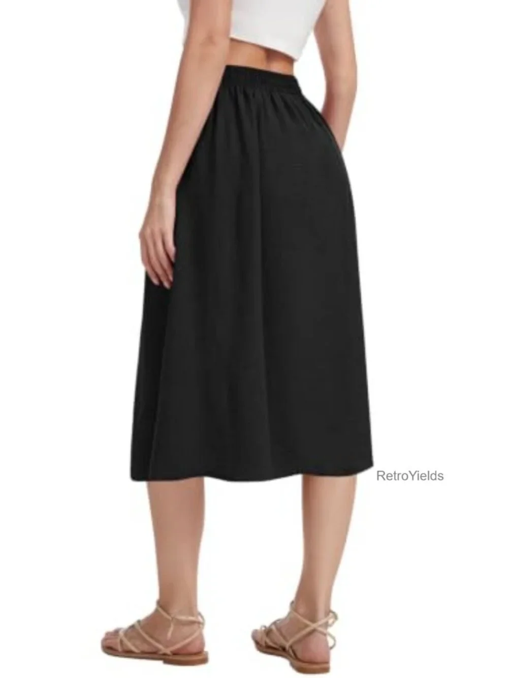 High Waist Pleated Midi A-Line Skirt with Pockets